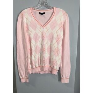 Tommy Hilfiger vintage light pink white cotton argyle sweater women's small
